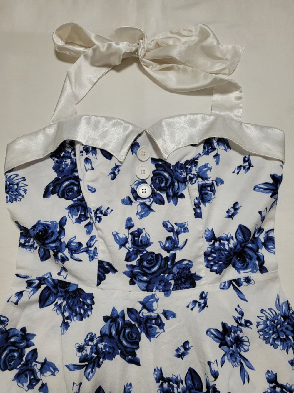 Dressystar Floral Halter Rockabilly Swing Dress Blue White Medium 50s Retro - Picture 6 of 10